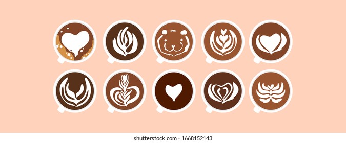Set of latte art coffee in cups. Top down view. Trendy vector illustration. Variety of milk foam drawings on coffee. Latte art design. Individual isolated elements for web, app use.