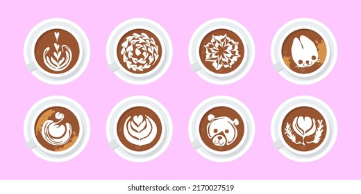 Set de café de arte de café con leche en tazas en platillo. Vista descendente. Varios dibujos de espuma de leche en taza de café capuchino. Leaf, corazón, diseño de arte de café con forma animal. Ilustración vectorial de moda dibujada a mano.