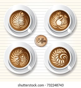 Set of latte art coffee design, top view, vector illustration