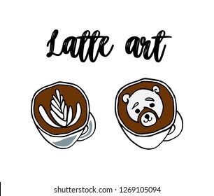 Set of latte art coffee vector, Illustration of latte art top view, popular style of latte