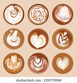 Set of latte art coffee vector, Illustration of latte art top view, popular style of latte