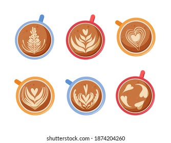 Set with latte art cups of coffee. Vector illustration isolated on white background
