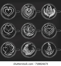 Set of Latte Art on chalkboard background. White Cups. Vector illustration
