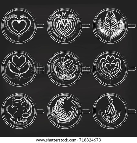 Set of Latte Art on chalkboard background. White Cups. Vector illustration
