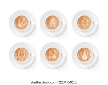 Conjunto de artes de café con leche. Diferentes imágenes sobre espuma de café de leche en taza de café de café o capuchino. Obra artística creativa de Barista, concepto de café y café. Ilustración vectorial realista