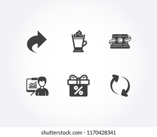 Set of Latte coffee, Copywriting notebook and Discount offer icons. Presentation, Share and Refresh signs. Hot drink with whipped cream, Writer laptop, Gift box. Education board. Vector