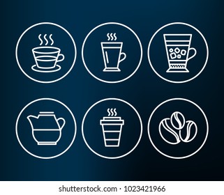 Set of Latte, Coffee cup and Frappe icons. Takeaway, Milk jug and Coffee-berry beans signs. Tea glass mug, Tea mug, Cold drink. Takeout coffee, Fresh drink.  Editable stroke. Vector