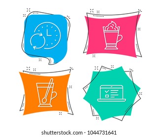 Set of Latte coffee, Update time and Tea mug icons. Web lectures sign. Hot drink with whipped cream, Refresh clock, Cup with teaspoon. Online test.  Flat geometric colored tags. Vivid banners. Vector