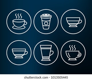 Set of Latte, Dry cappuccino and Takeaway coffee icons. Cappuccino, Americano and Coffee signs. Beverage mug, Hot latte drink, Espresso cup. Beverage cup.  Editable stroke. Vector