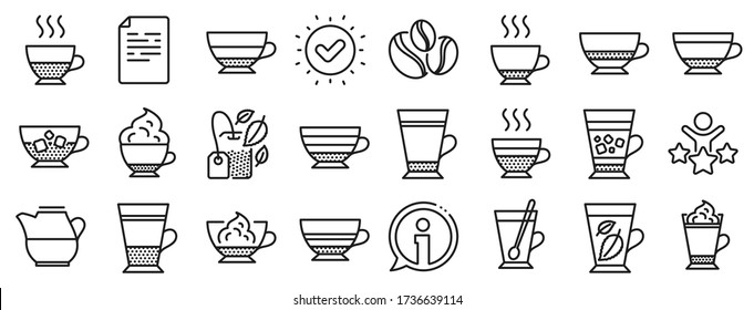 Set of Latte, Frappe and Cappuccino icons. Coffee types and Tea icons. Espresso, Doppio and Cafe Crema. Americano, Whipped cream latte and Coffee with ice. Mocha cafe, Herbal, Mint tea cups. Vector