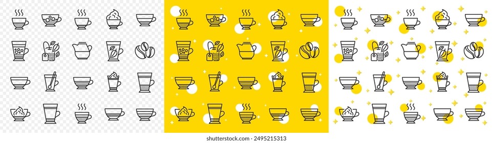 Set of Latte, Frappe and Cappuccino icons. Coffee types and Tea icons. Espresso, Doppio and Cafe Crema. Americano, Whipped cream latte and Coffee with ice. Mocha cafe, Herbal, Mint tea cups. Vector