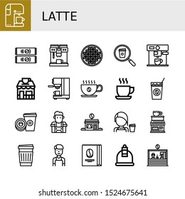 Set of latte icons. Such as Coffee machine, Instant coffee, Coffee maker, beans, cup, shop, Cup, Cold Paper cup, Barista, Cupping , latte icons