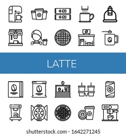Set of latte icons. Such as Coffee machine, Coffee maker, Paper cup, Barista, Instant coffee, Beans, cup, shop, Cupping, mug, beans, bag , latte icons