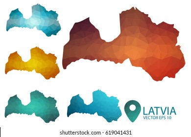 Set of Latvia maps. Bright gradient map of country in low poly style. Multicolored country map in geometric style for your infographics. Vector illustration eps 10.