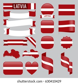 Set of Latvia maps, flags, ribbons, icons and buttons with different shapes.