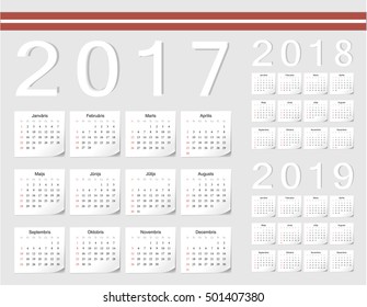 Set of Latvian 2017, 2018, 2019 vector calendars with shadow angles. Week starts from Sunday.