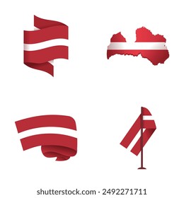 Set of latvia's flag illustrations including wavy flag and map outline