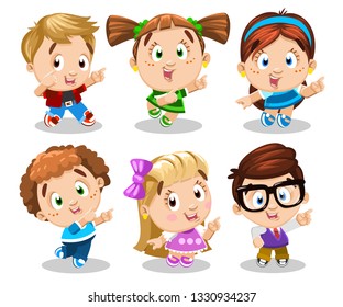 Set of laughing boys and girls in different poses pointing fingers at something. Kids making a choice. Cartoon clip art, elements of design isolated on white background.