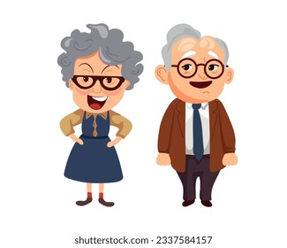 Juego de risas elegante pareja de ancianos, feliz anciano y mujer con gafas, ilustración vectorial de dibujos animados