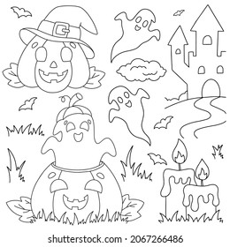 A set of laughing pumpkins and ghosts. Coloring book page for kids. Cartoon style character. Vector illustration isolated on white background. Halloween theme.