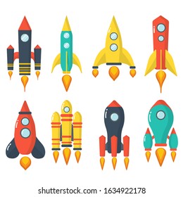 Set of launch rockets isolated on white background. Space rocket launch. Fantastic transport isolated object. Spaceship icons. Travel or science intelligence concept. Vector illustration, EPS 10.