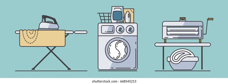 Set of laundry accessories such as iron, ironing board, linen, washing machine, basket, washing powder, wringer. Vector design icons isolated on blue-green background