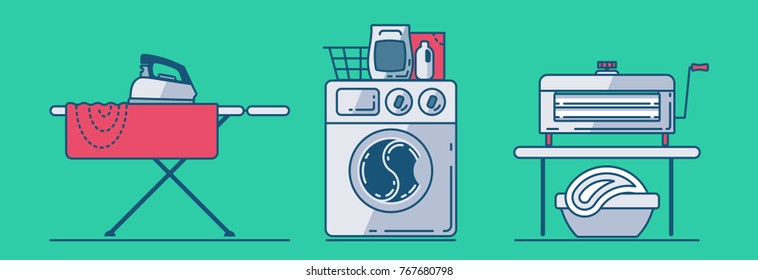 Set of laundry accessories such as iron, ironing board, linen, washing machine, basket, washing powder, wringer. Vector design icons isolated on sea green background