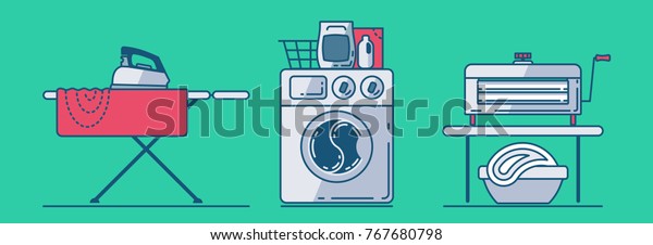 Set of laundry\
accessories such as iron, ironing board, linen, washing machine,\
basket, washing powder, wringer. Vector design icons isolated on\
sea green background