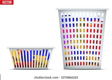 Set of Laundry Laundry Basket with dirty apparel. Ready to wash with washing machine. Vector Illustration isolated on white background.