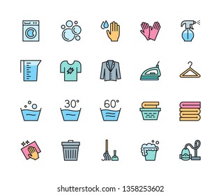 Set Of Laundry And Cleaning Flat Color Line Icons. Washing Machine, Measuring Cup, T-shirt, Hanger, Towel, Trash Can, Broom, Sprayer, Tuxedo And More. Pack Of 48x48 Pixel Icons