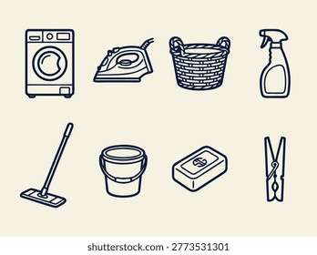 A set of laundry and cleaning icons, including a washing machine, iron, basket, spray bottle, mop, bucket, soap, and clothespin, all in a simple line art style.