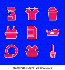 Set Laundry detergent, Basin with shirt, Toilet brush, Temperature wash, Washing dishes, Trash can and Cleaning spray bottle icon. Vector