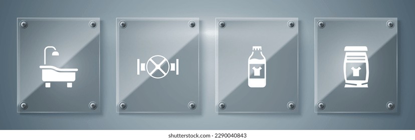 Fijar el detergente de lavado, el frasco para el agente de limpieza, el tubo y la válvula de la industria y la bañera. Paneles de vidrio cuadrado. Vector