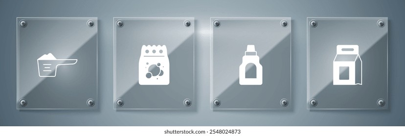 Set Laundry detergent, Bottle for cleaning agent,  and Washing powder. Square glass panels. Vector