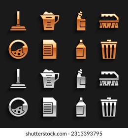 Set Laundry detergent, Brush for cleaning, Trash can, Bottle agent, Washer, Rubber plunger and Washing powder icon. Vector
