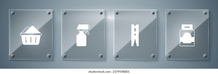 Wäschetrockner, Wäscheständer, Wassersprühflasche und Waschbecken mit Seifenspülung. Viereckige Glasplatten. Vektorgrafik