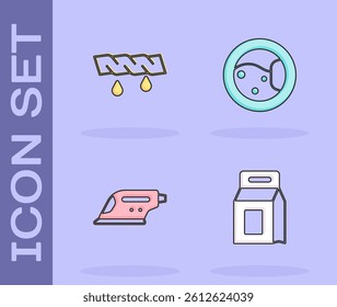Set Laundry detergent, Squeeze clothes, Electric iron and Washer icon. Vector