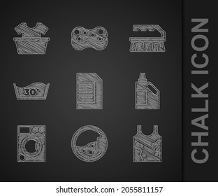 Set Laundry detergent, Washer, Dirty t-shirt, Bottle for cleaning agent, Temperature wash, Brush and Basin with icon. Vector