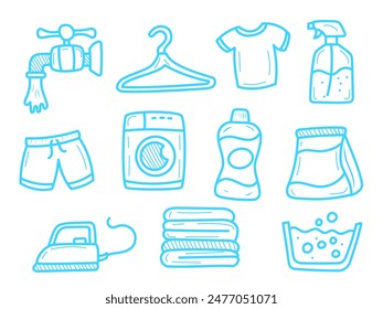 Set of laundry doodle illustrations with blue color. Hand-drawn laundry vector collection 