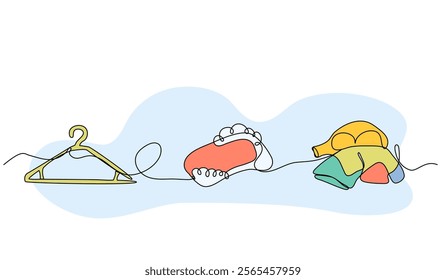 Set of laundry elements. clothes hanger. Modern flat in continuous line style.