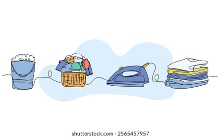 Set of laundry elements. clothes, iron and soaking water. Modern flat in continuous line style.