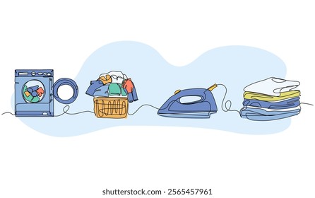 Set of laundry elements. clothes, iron and washing machine. Modern flat in continuous line style.