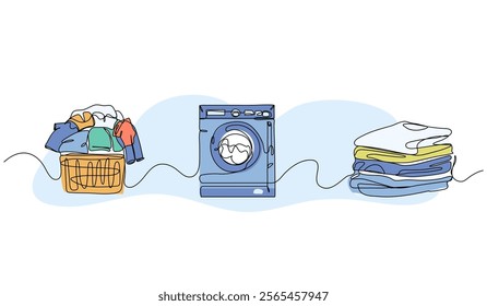 Set of laundry elements. clothes and washing machine. Modern flat in continuous line style