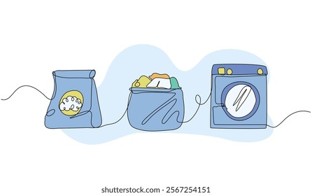 Set of laundry elements. clothes and washing machine. Modern flat in continuous line style.