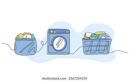 Set of laundry elements. clothes and washing machine. Modern flat in continuous line style.