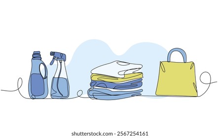 Set of laundry elements. fragrance, cloth, detergent, and paper bag. Modern flat in continuous line style.