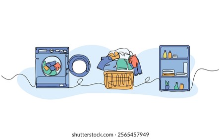 Set of laundry elements. washing machine, clothes and laundry rack. Modern flat in continuous line style.