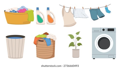 Set of laundry equipment, clothes, washing machine, hanging clothes, basket
