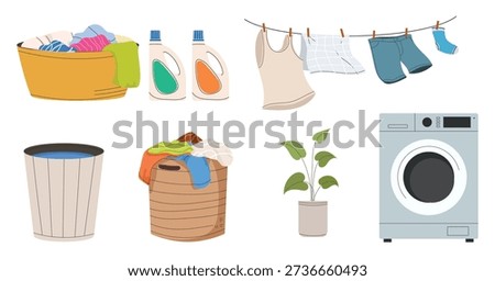 Set of laundry equipment, clothes, washing machine, hanging clothes, basket