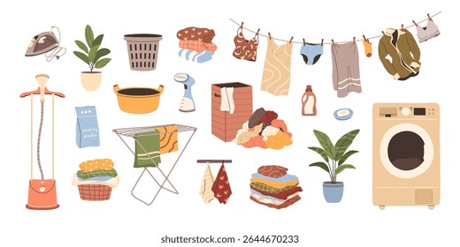 Set of laundry equipment. Washing machine, hanging clothes, baskets, iron, clothes steamer, detergents, folded towels. Isolated flat illustrations for home chores, cleaning, and domestic life concepts
